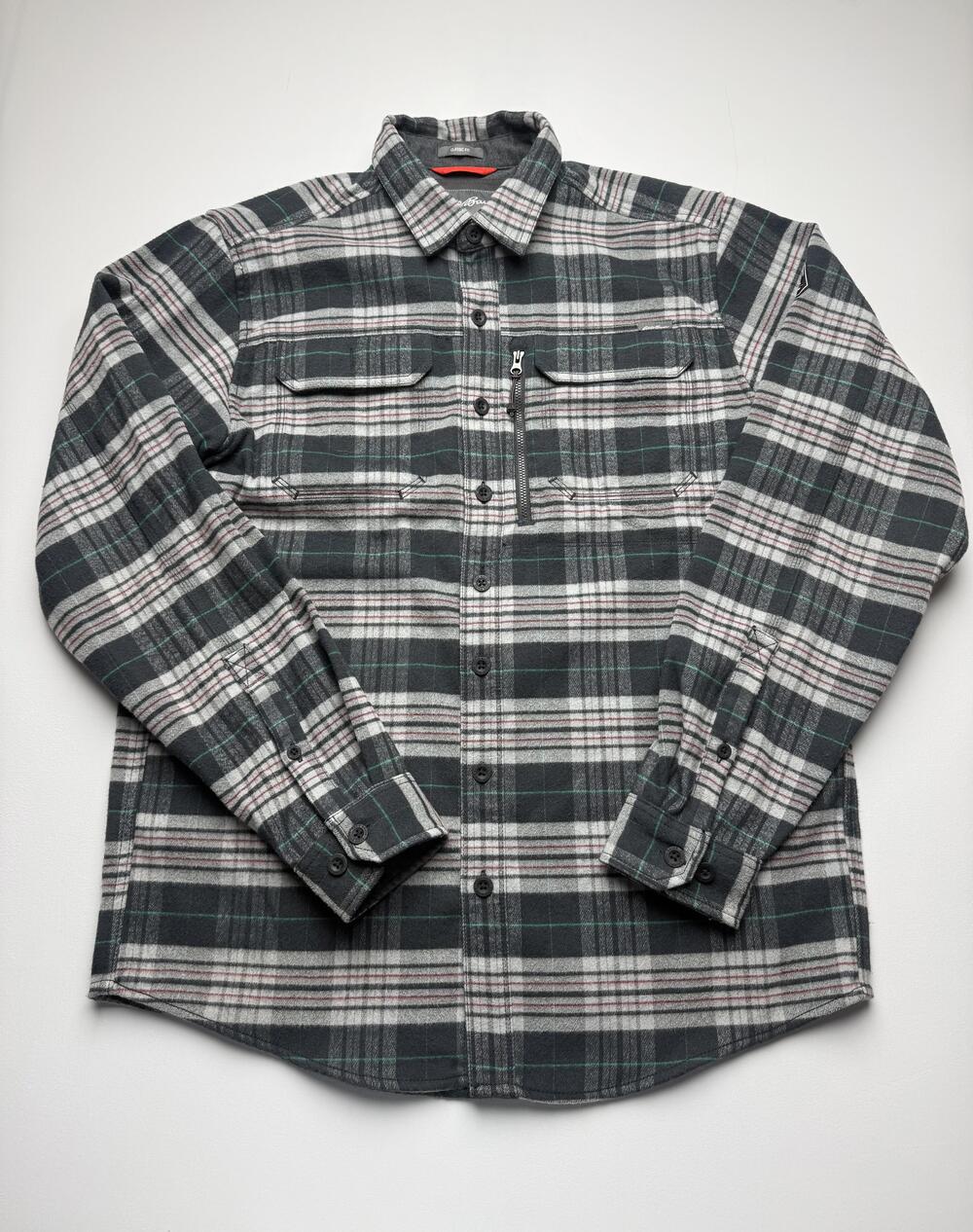 Eddie Bauer Mountain Ops Shirt Mens LT Gray Plaid Long Sleeve Flannel Button Up
